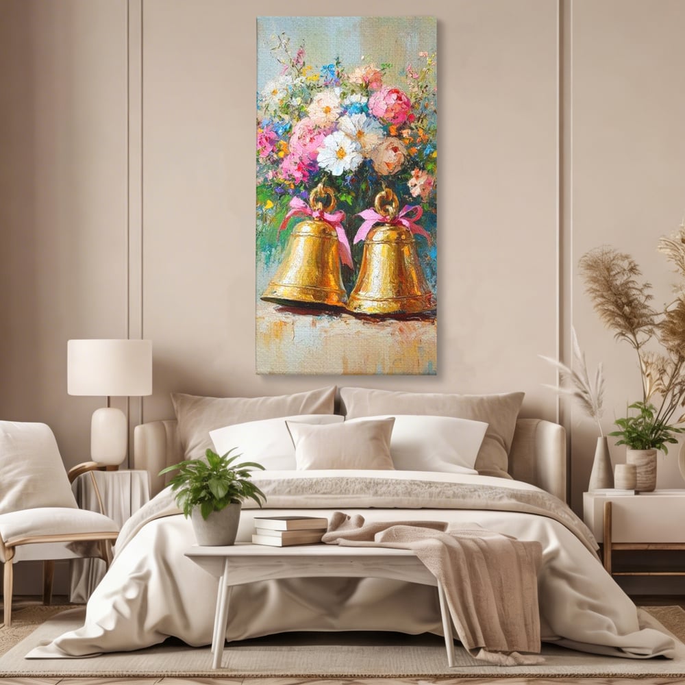 Tablou canvas cu pictura cu clopotei aurii si bujori, fara rama, pe sasiu de lemn, pe perete intr-un dormitor